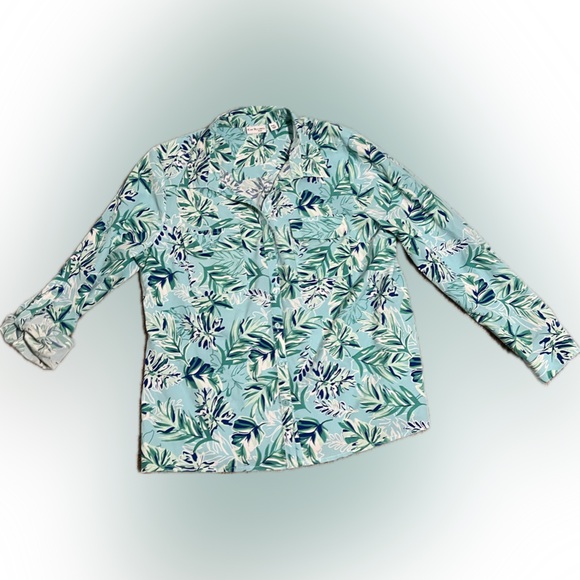 Kim Rogers Tops - 💥Kim Rogers Women Blue Green Leaf Blouse Adjustable Sleeve Length Petite XL